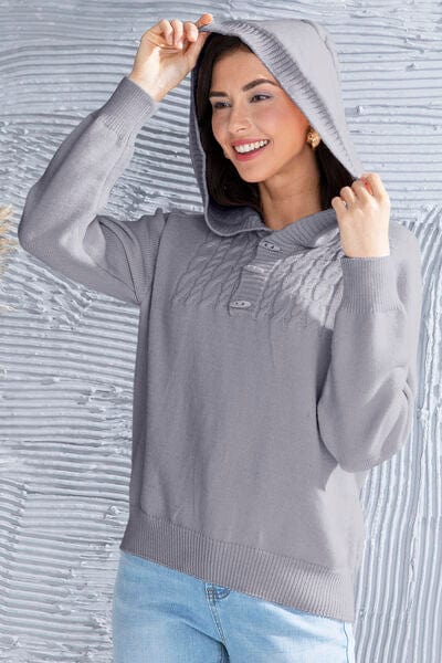 Dark Gray Cable Knit Long Sleeve Hooded Sweater