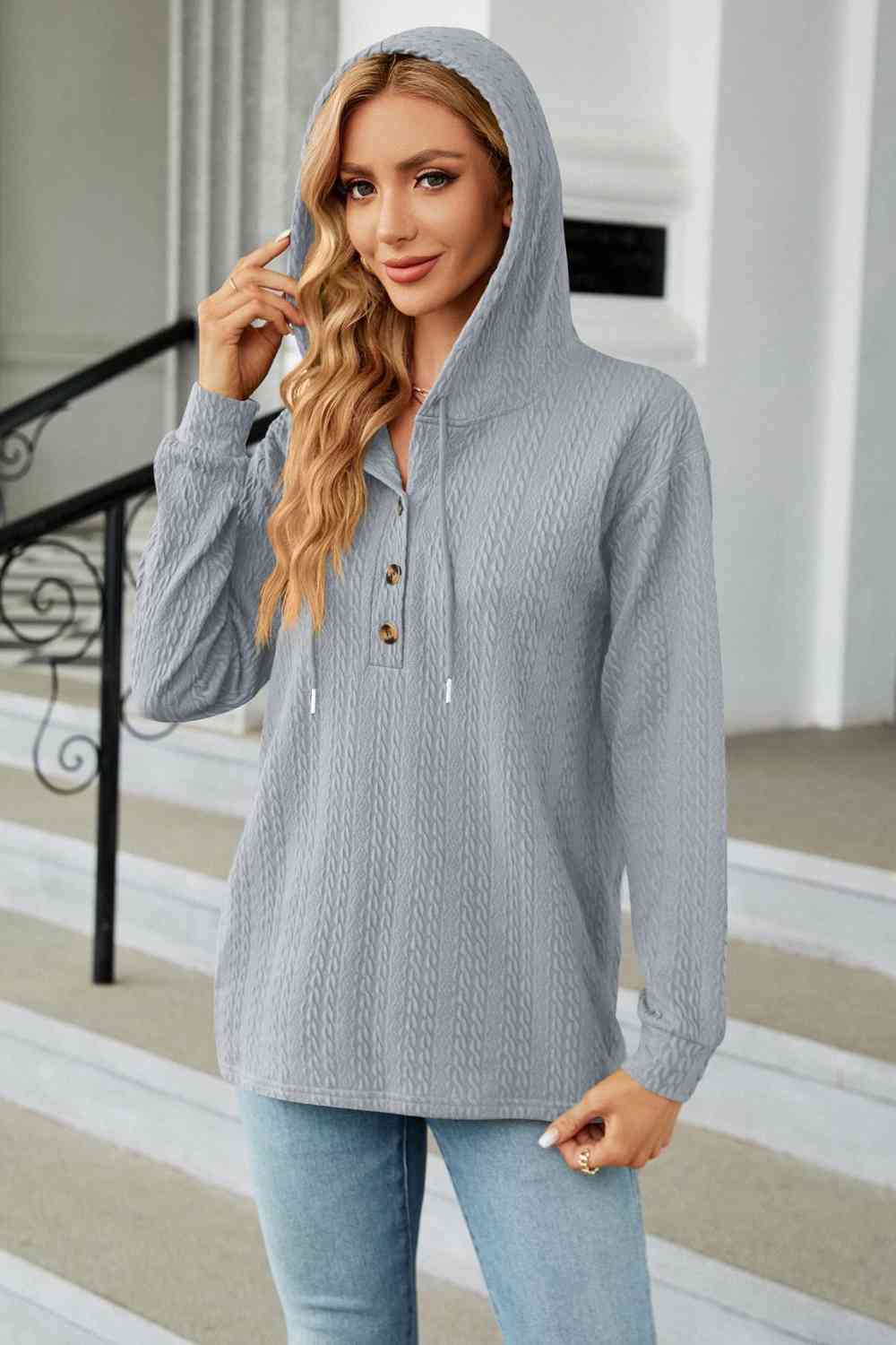 Dark Gray Cable-Knit Long Sleeve Hoodie