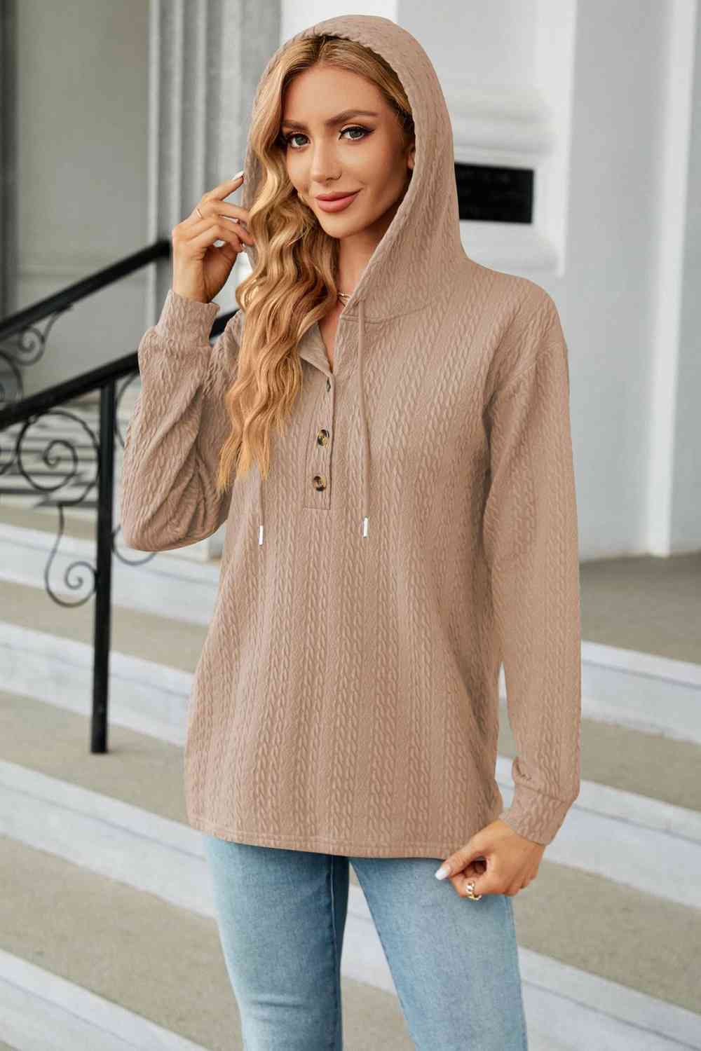 Rosy Brown Cable-Knit Long Sleeve Hoodie