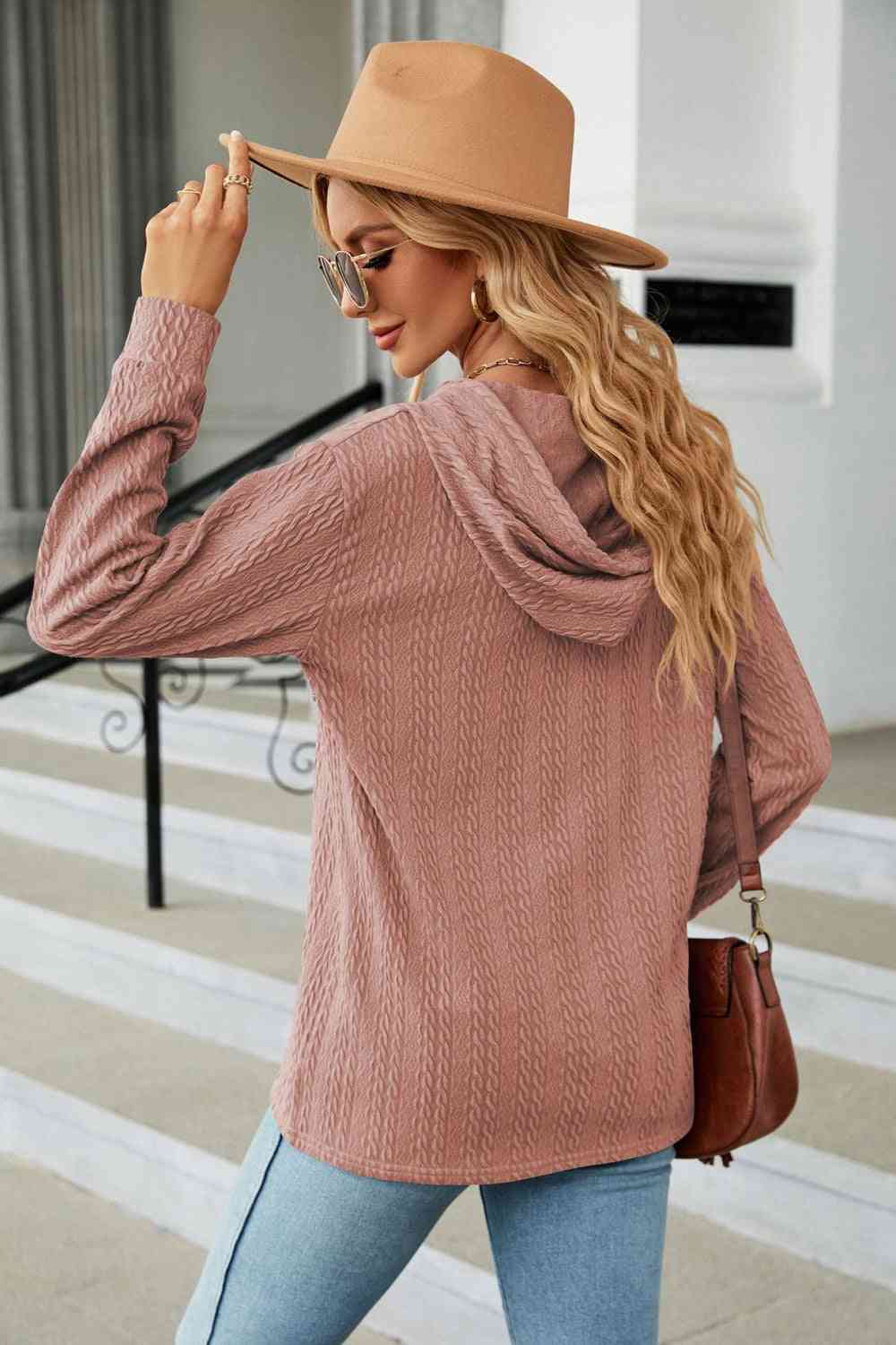 Rosy Brown Cable-Knit Long Sleeve Hoodie