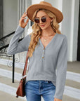 Dark Gray Cable-Knit Long Sleeve V-Neck T-Shirt