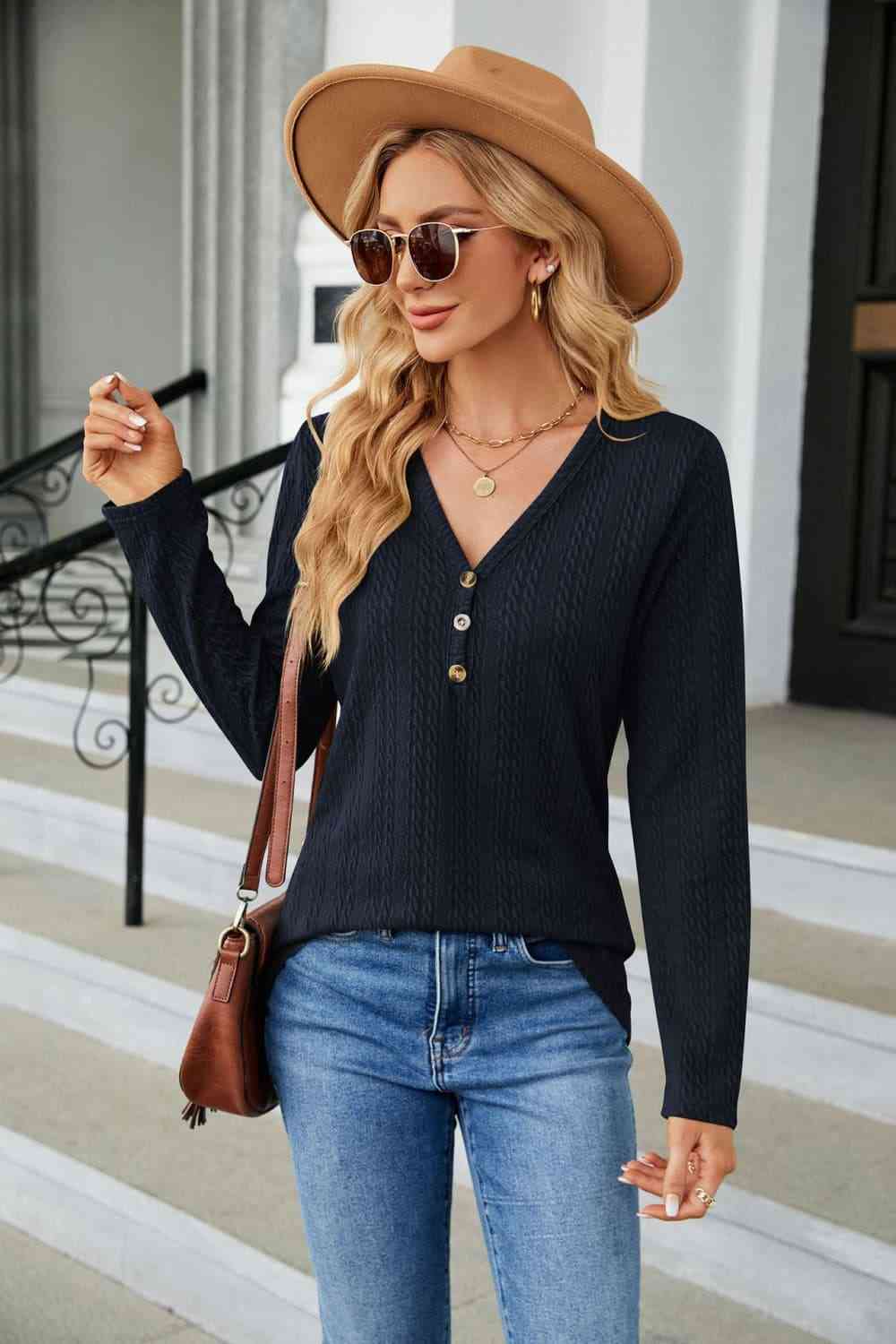 Dark Gray Cable-Knit Long Sleeve V-Neck T-Shirt