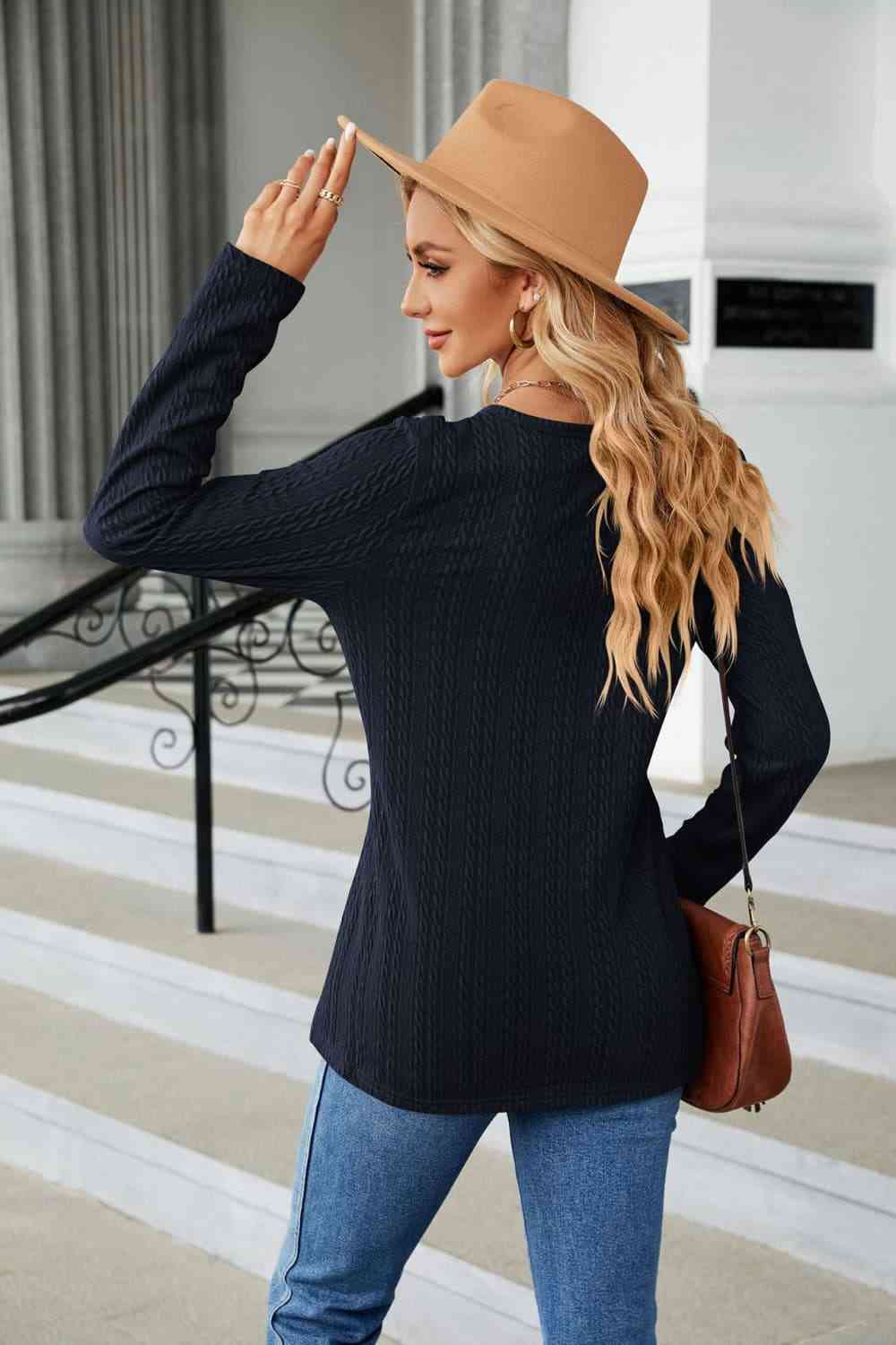 Gray Cable-Knit Long Sleeve V-Neck T-Shirt