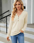 Gray Cable-Knit Long Sleeve V-Neck T-Shirt