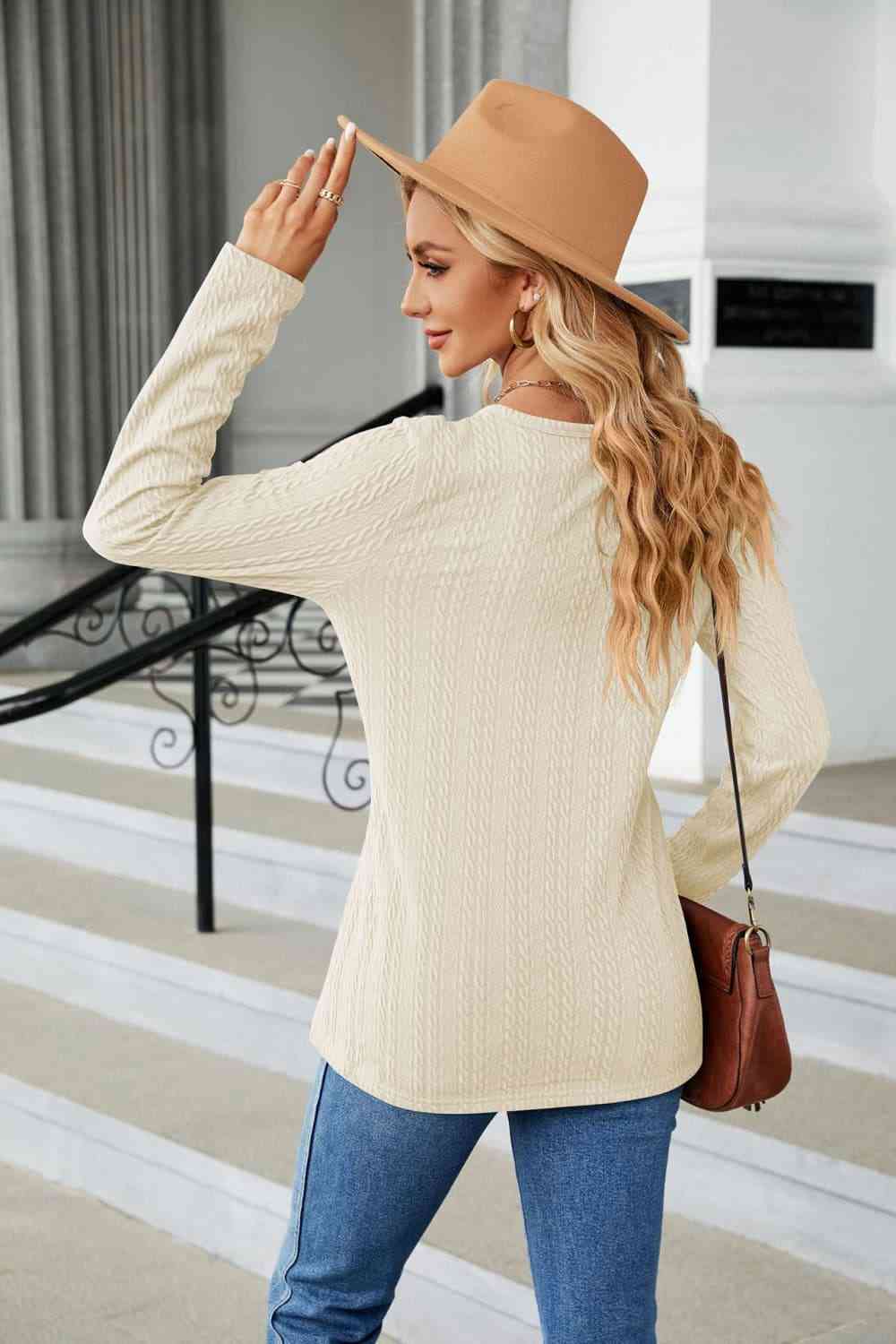 Gray Cable-Knit Long Sleeve V-Neck T-Shirt