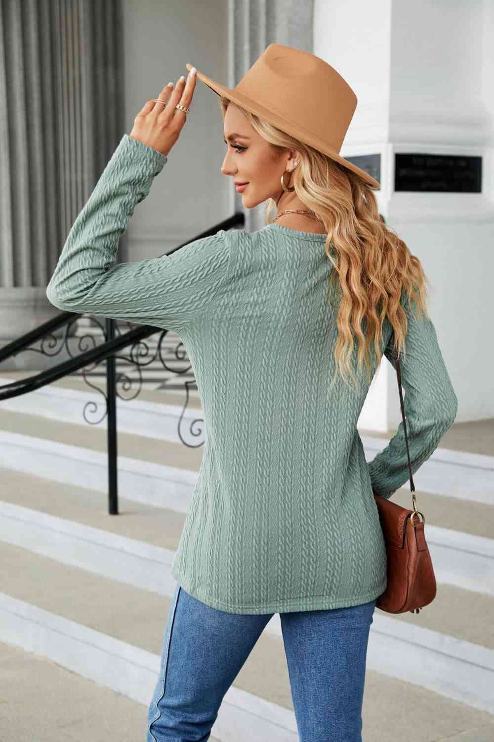 Dark Gray Cable-Knit Long Sleeve V-Neck T-Shirt