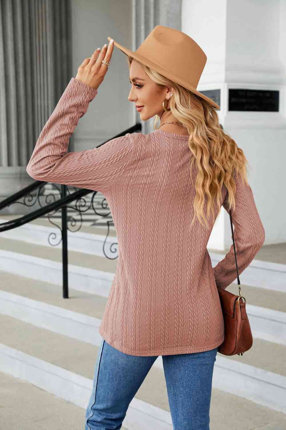 Rosy Brown Cable-Knit Long Sleeve V-Neck T-Shirt