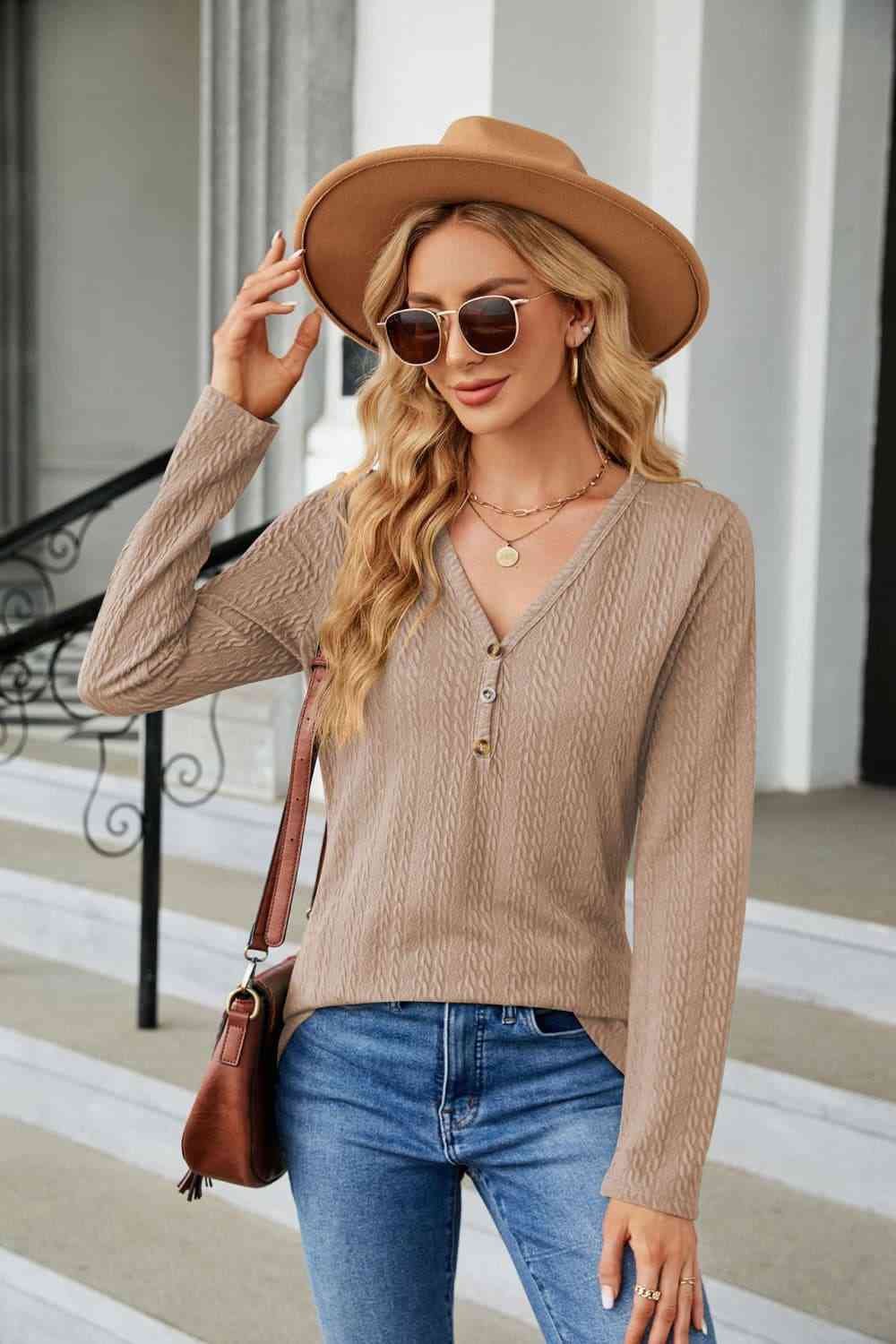 Rosy Brown Cable-Knit Long Sleeve V-Neck T-Shirt