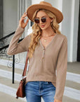 Rosy Brown Cable-Knit Long Sleeve V-Neck T-Shirt