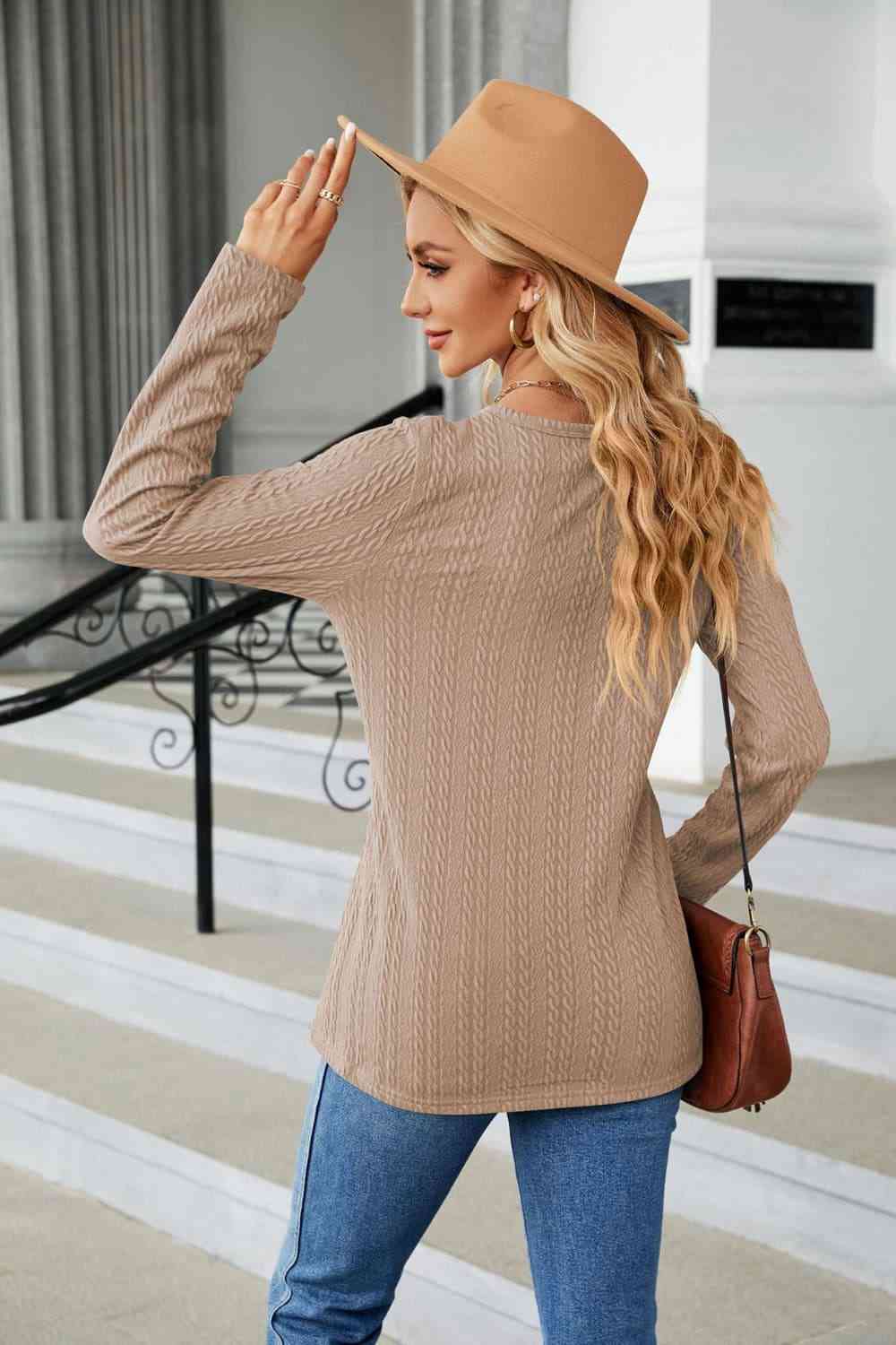 Rosy Brown Cable-Knit Long Sleeve V-Neck T-Shirt