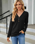 Dark Gray Cable-Knit Long Sleeve V-Neck T-Shirt