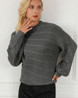 Light Gray Cable-Knit Mock Neck Dropped Shoulder Sweater