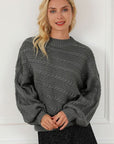 Light Gray Cable-Knit Mock Neck Dropped Shoulder Sweater