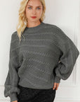 Light Gray Cable-Knit Mock Neck Dropped Shoulder Sweater