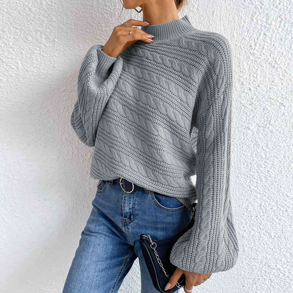 Light Gray Cable-Knit Mock Neck  Long Sleeve Sweater