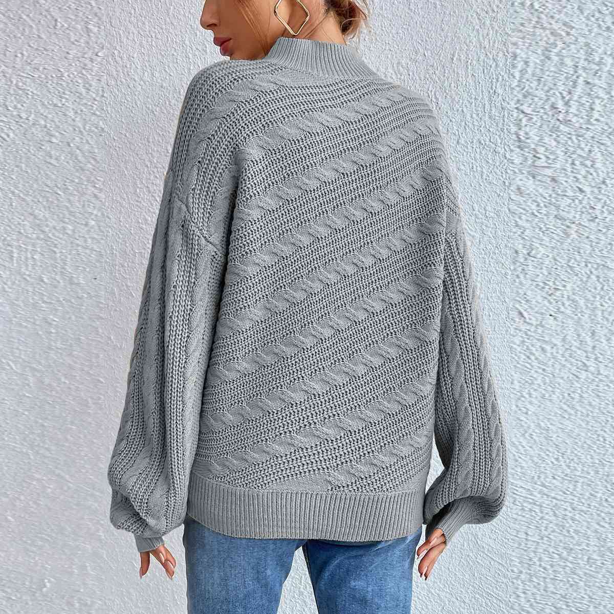 Gray Cable-Knit Mock Neck  Long Sleeve Sweater