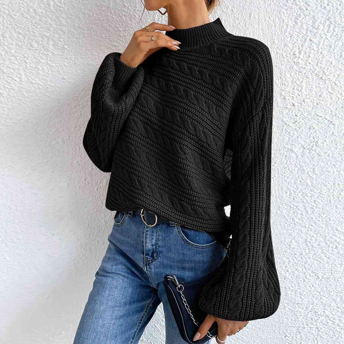 Light Gray Cable-Knit Mock Neck  Long Sleeve Sweater