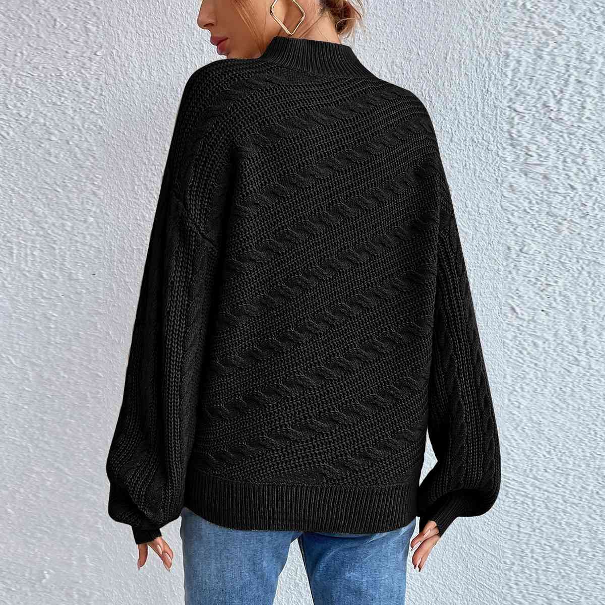 Black Cable-Knit Mock Neck  Long Sleeve Sweater