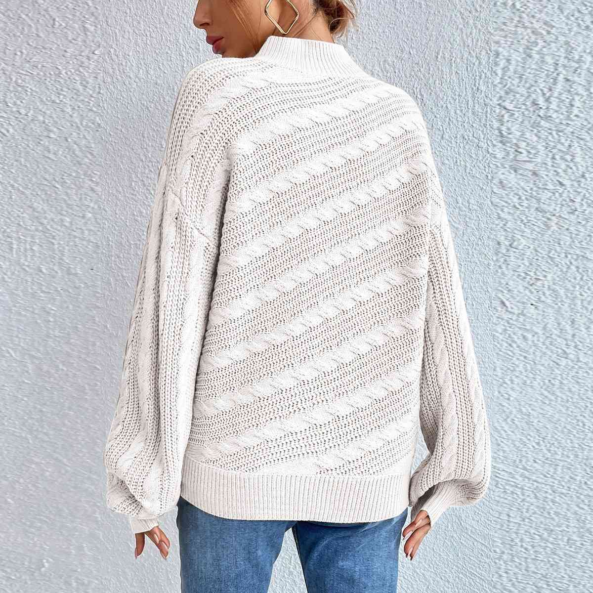 Light Gray Cable-Knit Mock Neck  Long Sleeve Sweater