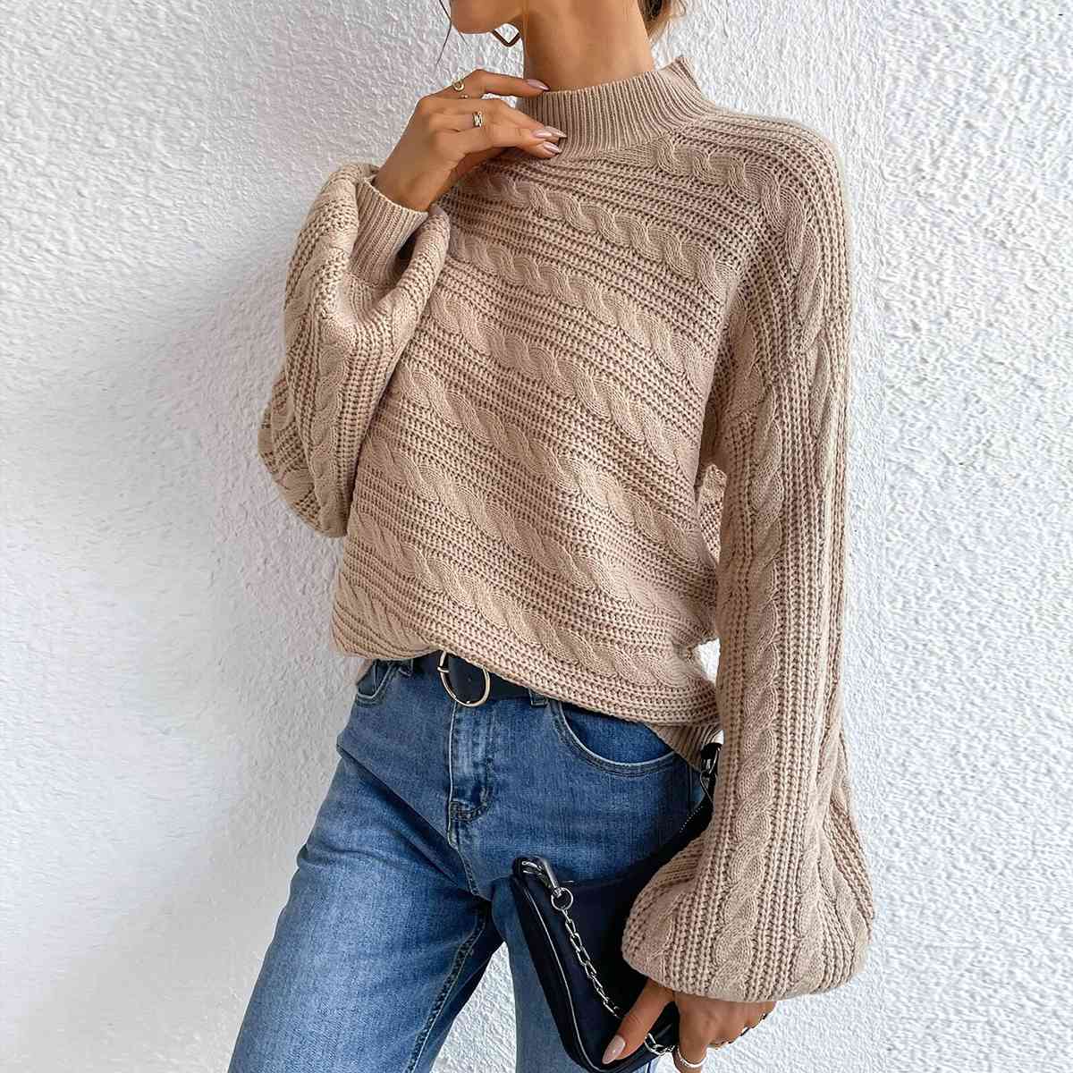 Light Gray Cable-Knit Mock Neck  Long Sleeve Sweater