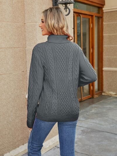 Slate Gray Cable-Knit Mock Neck Sweater