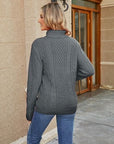 Slate Gray Cable-Knit Mock Neck Sweater