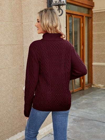 Rosy Brown Cable-Knit Mock Neck Sweater