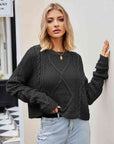 Dark Slate Gray Cable-Knit Round Neck Dropped Shoulder Sweater