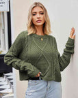 Gray Cable-Knit Round Neck Dropped Shoulder Sweater