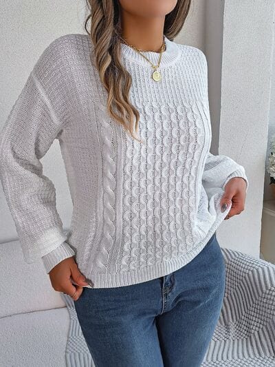 Gray Cable-Knit Round Neck Long Sleeve Sweater