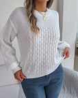 Gray Cable-Knit Round Neck Long Sleeve Sweater