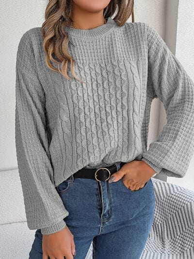 Dark Gray Cable-Knit Round Neck Long Sleeve Sweater