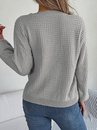 Dark Gray Cable-Knit Round Neck Long Sleeve Sweater