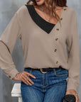 Slate Gray Asymmetrical Neck Buttoned Long Sleeve Top