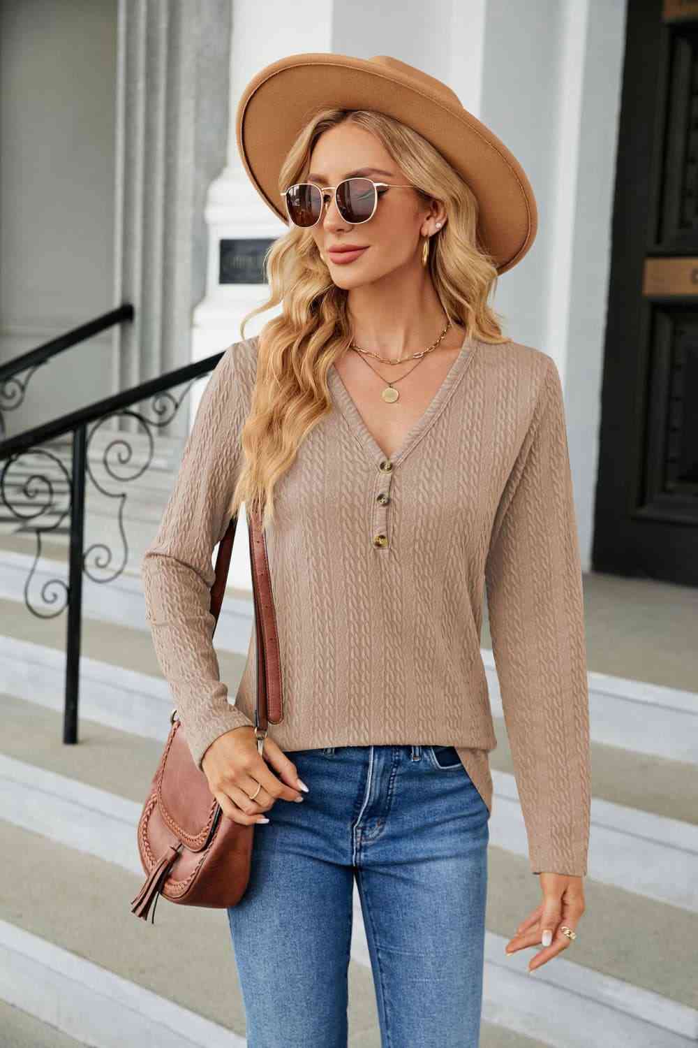 Rosy Brown Cable-Knit Long Sleeve V-Neck T-Shirt