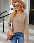 Rosy Brown Cable-Knit Long Sleeve V-Neck T-Shirt