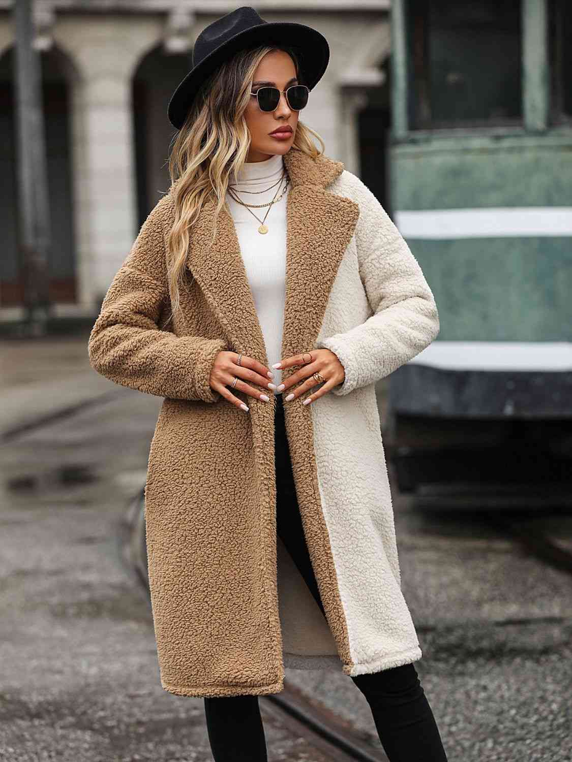 Dim Gray Contrast Dropped Shoulder Sherpa Coat