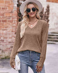 Rosy Brown Double Take V-Neck Long Sleeve Ribbed Top