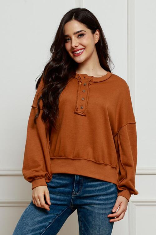 Saddle Brown Exposed Seam Half Button Long Sleeve Sweatshirt