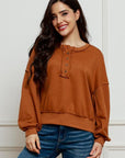 Saddle Brown Exposed Seam Half Button Long Sleeve Sweatshirt