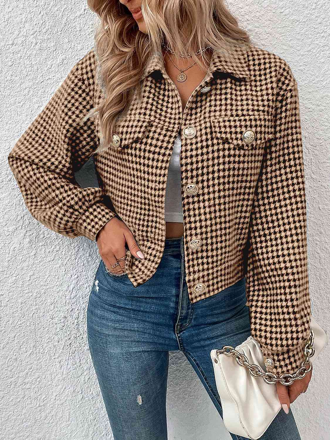 Gray Houndstooth Collared Neck Button Up Jacket