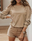 Rosy Brown Lace Detail Round Neck Long Sleeve T-Shirt