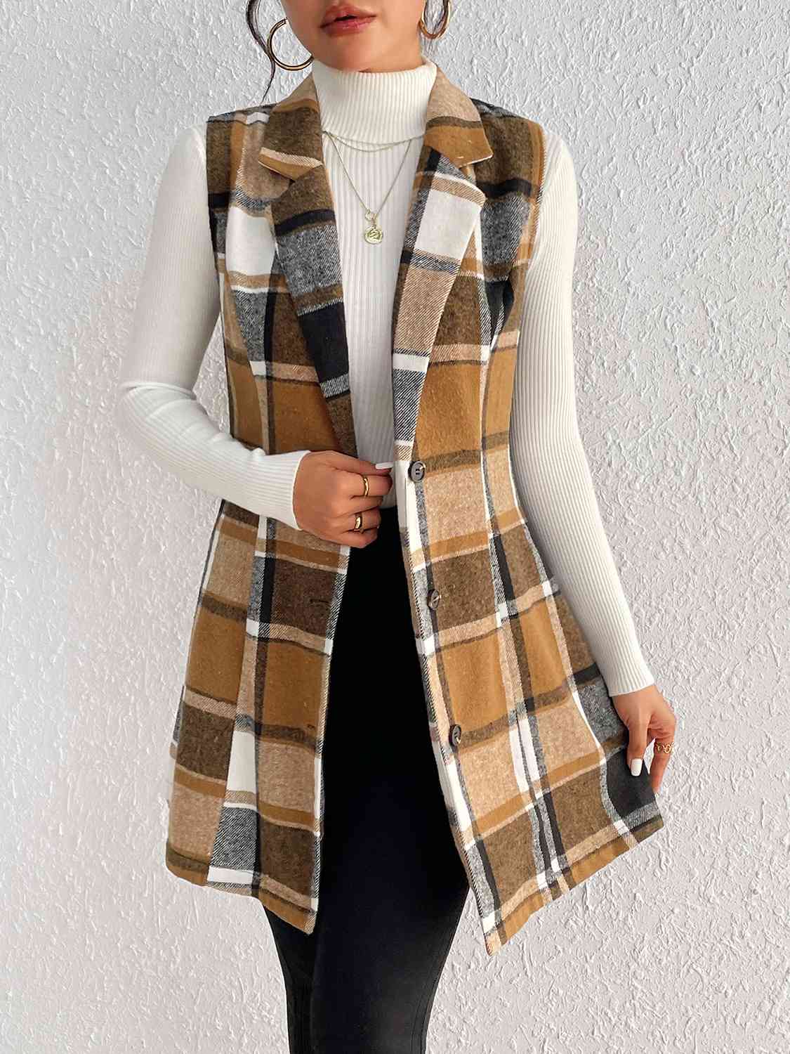 Light Gray Plaid Lapel Collar Vest