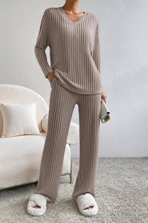 Gray Ribbed V-Neck Top and Pants Set