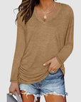 Dim Gray Ruched V-Neck Long Sleeve T-Shirt