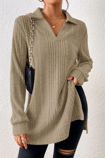 Rosy Brown Slit Johnny Collar Long Sleeve Sweater