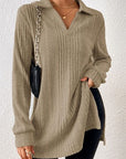 Rosy Brown Slit Johnny Collar Long Sleeve Sweater