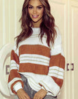 Light Gray Striped Drop Shoulder Lantern Sleeve Sweater