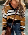 Dark Slate Gray Striped V-Neck Dropped Shoulder Sweater