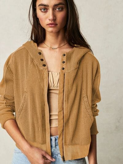 Dark Khaki Waffle-Knit Dropped Shoulder Hooded Jacket